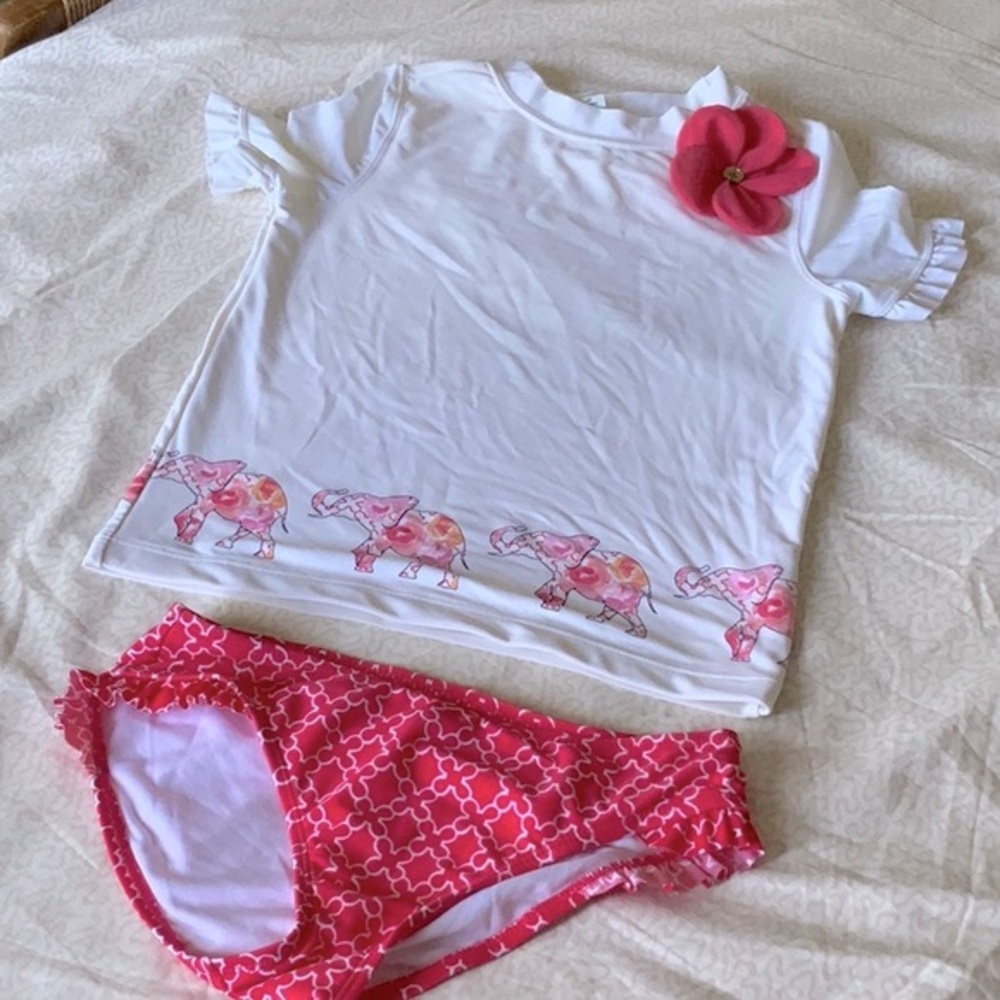 Janie and Jack White Rashguard Set with Pink Elephant Trim in size 10